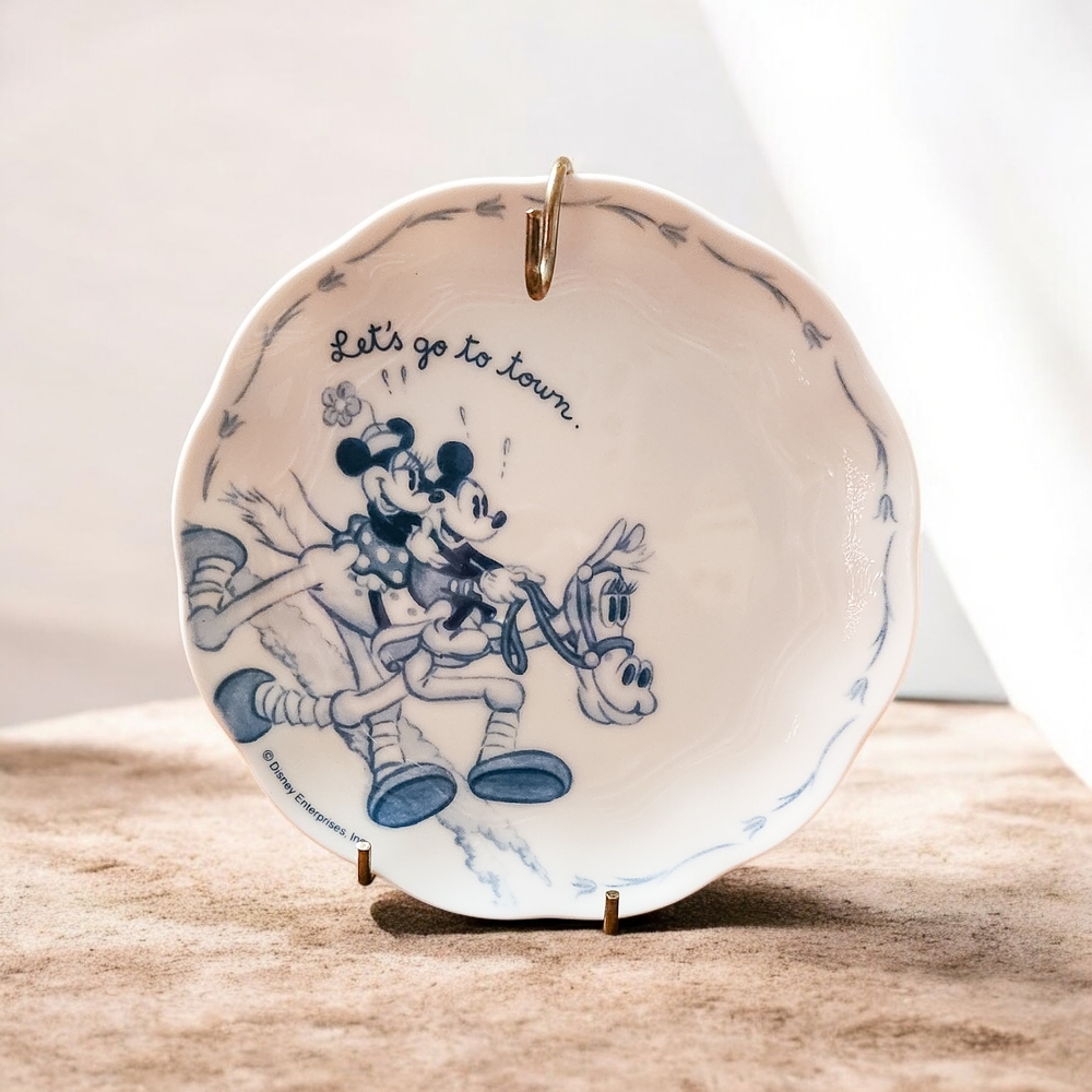Vintage Sango Disney Mickey and Minnie Mouse Plate Blue White Let's Go To Town
